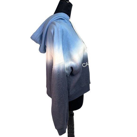 Calvin Klein Jeans Cropped Hooded Sweatshirt Drawstring Size Medium Blue and whi - Picture 2 of 11
